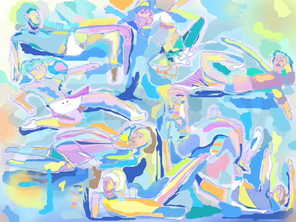 Softly colored editorial scene with reclining figures